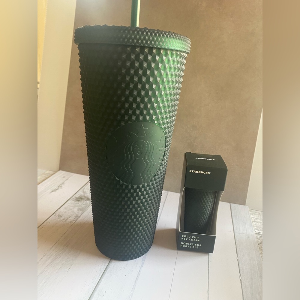 Forest green Starbucks tumbler and matching keychain